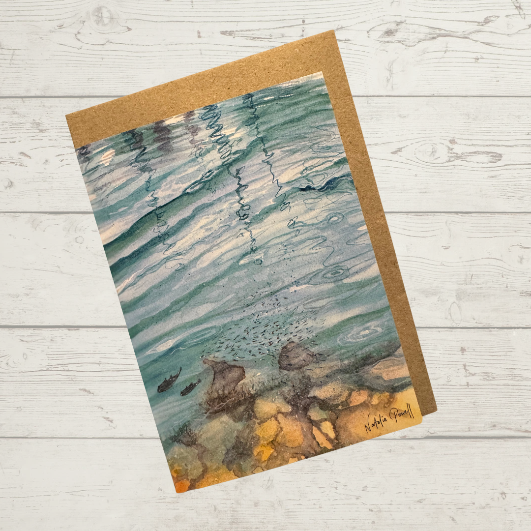 Image of actual card with natural coloured kraft paper envelope. Image depicts reflections and ripples at the edge of the water at Mindarie Marina, Perth Western Australia.