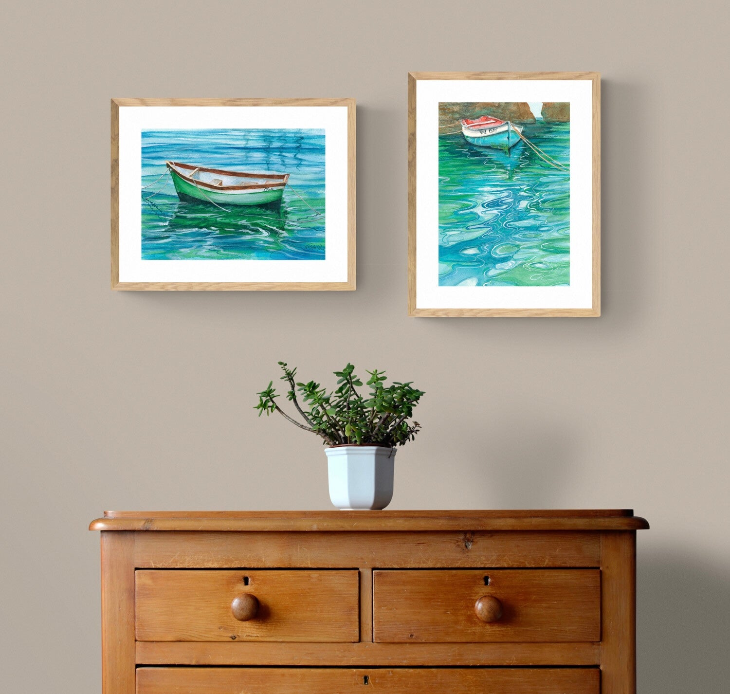 Image depicts what two prints, once framed, might look like on a wall with furniture.