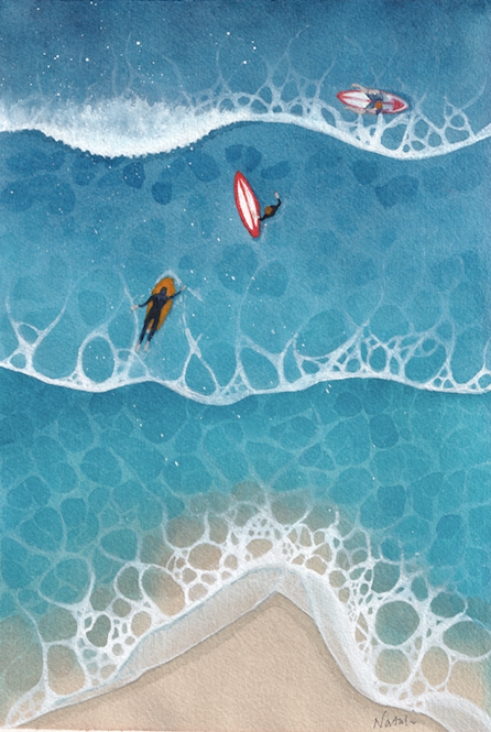 Image depicts a whimsical interpretation of surfers paddling out to catch a wave as seen from a bird's eye view.