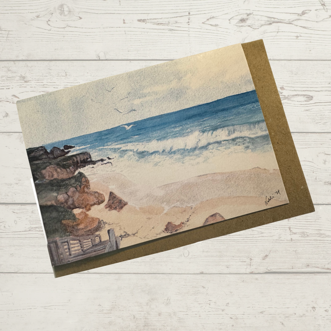 Image of actual card with natural coloured kraft envelope. Image depicts wooden steps to Burns Beach, Perth Western Australia.